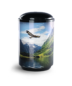 Ocelová urna orel nad fjordem